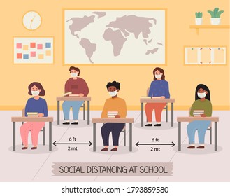 Lecture Room In School After Pandemic. Classroom With Children Maintaining Safe Distance. Kids Wearing Face Mask. New Normal At Public Places. Social Distancing. Class Interior. Vector Illustration.