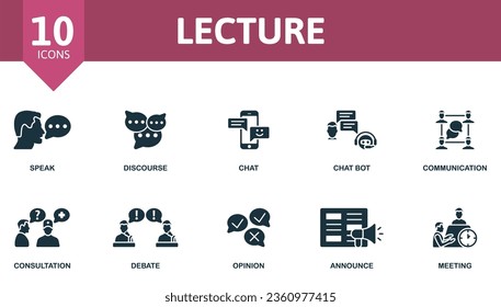 Lecture set. Creative icons: speak, discourse, chat, chat bot, communication, consultation, debate, opinion, announce, meeting.