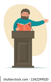 Lecture. Speaker with book talking at podium tribune.  