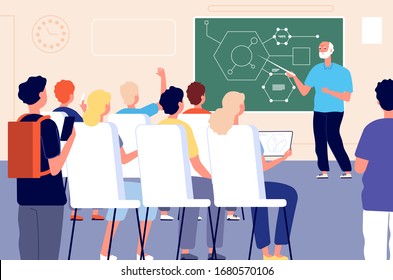 Lecture. Student class, education training lesson. Teacher presentation or educational seminar. Male professor people vector illustration