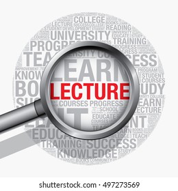 Lecture word cloud with magnifying glass, vector concept