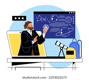 Lecturer distant teaching. Man stands in front of camera next tof blackboard with chalk drawings and formulas. University or college. Webinar and distance learning. Cartoon flat vector illustration