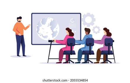 Lecturer doing presentation in front of his students vector illustration background.