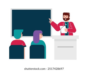 El profesor está explicando en el campus de la clase, las actividades de estudio en interiores de la universidad. Vector plano . Ilustración de personaje de diseño