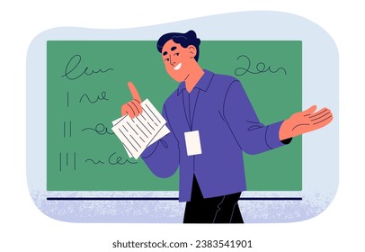 Lecturer explains report on lecture. Man teaches near blackboard, speaker talk about education, leader speaking on conference. Public speech at school. Flat isolated vector illustration on white.