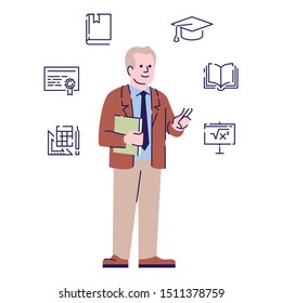 Lecturer flat vector character. University teacher, tutor cartoon illustration with outline and linear icons. Senior professor, docent, college instructor holding book isolated on white background