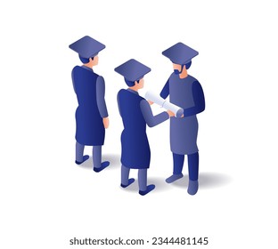 Lecturer giving charter to graduated students flat and isometric illustration