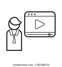 Lecturer icon vector. Business presentation in outline style. Presenter, teacher sign. Remote work, distance education, e-learning illustration for website. Online class and e-library symbol.
