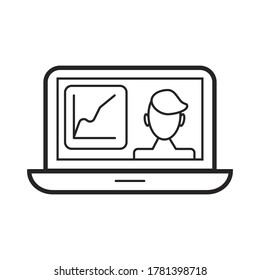 Vector de icono del conferenciante. Presentación de negocios en forma de esquema. Presentador, cartel de profesor. Trabajo a distancia, educación a distancia, e-learning ilustración para sitio web. Clase en línea y símbolo de biblioteca electrónica.