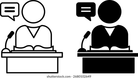 Icons des Dozenten. Schwarzweiße Vektorgrafiken. Eine Person, die den Schülern einen Vortrag von einem Podium aus hält und in ein Mikrofon spricht. Spezialist Durchführung eines Webinars. Lehrerkonzept