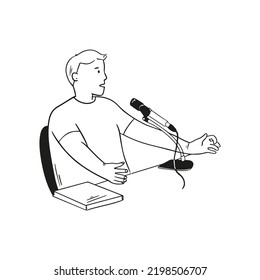 Lecturer lecturing into microphone in cartoon style on white background. Speaker illustration. Vector design.
