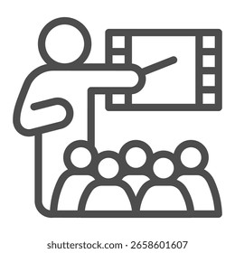 Homem conferencista com ponteiro e ícone de linha de vídeo, conceito de análise pontual. Gráficos vetoriais. Professor com público, sinal de estudo sobre fundo branco, ícone de estilo de contorno para design móvel ou web