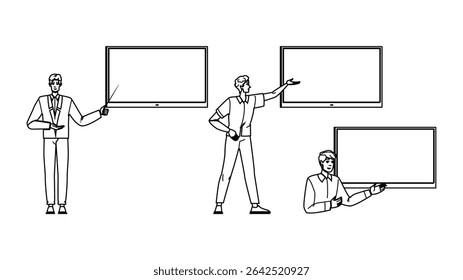 palestrante apresentação homem vetor. comunicador contador de histórias, instrutor treinador, facilitador motivador palestrante apresentação homem personagem. pessoas linha preta lápis desenho ilustração