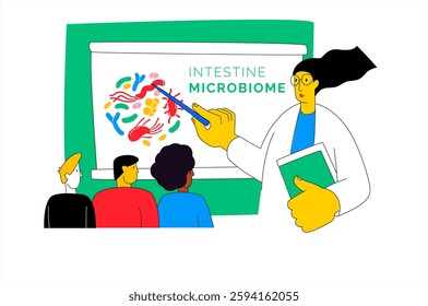 A lecturer presents a lesson on the gut microbiome, pointing at a whiteboard filled with bacterial diagrams. The students sit in front of her, actively engaged in learning about digestive health.