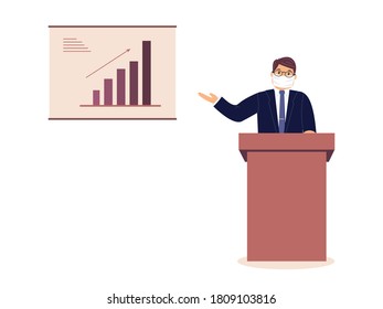 Lecturer in protective face mask behind lectern make report and points to poster with diagram of the growth of indicators during the virus epidemic.Official report situation.Vector flat illustration