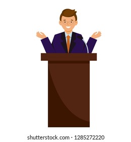 Lecturer speaks. A young man in a suit speaking, reading a report. Vector illustration. 