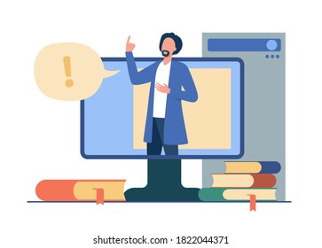 Lecturer talking during online webinar. Teacher, monitor, book flat vector illustration. Education and digital technology concept for banner, website design or landing web page
