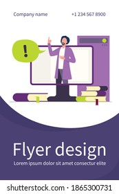 Lecturer talking during online webinar. Teacher, monitor, book flat vector illustration. Education and digital technology concept for banner, website design or landing web page