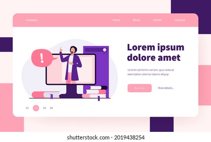 Lecturer talking during online webinar. Teacher, monitor, book flat vector illustration. Education and digital technology concept for banner, website design or landing web page