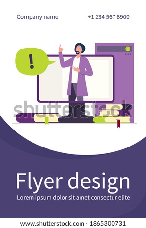 Lecturer talking during online webinar. Teacher, monitor, book flat vector illustration. Education and digital technology concept for banner, website design or landing web page
