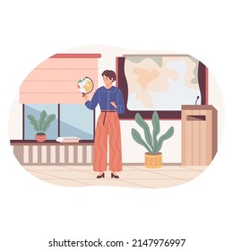Lecturer teaching in class. School Teacher standing at whiteboards in the classroom. Young woman in teaching lessons geography. Colored flat vector illustration.