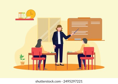 Profesores que enseñan en el concepto de clase. Ilustración vectorial plana de color aislada.