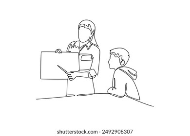 Lecturers teaching in class concept. Single line draw design vector graphic illustration.