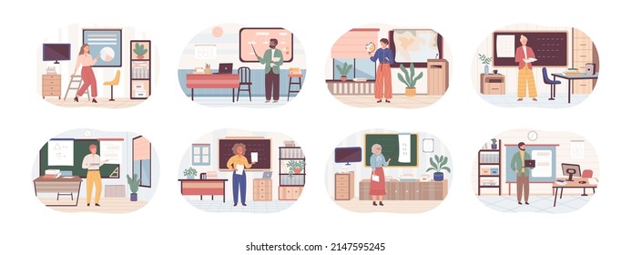 Lecturers teaching in class. Set of school teachers standing at blackboards and whiteboards in classroom. Professors at chalkboards. Colored flat vector illustration. Men and women in teaching lessons