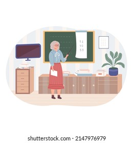 Lecturers teaching in class. Set of school teachers standing at blackboards in classroom. Professors at chalkboards. Colored flat vector illustration. Old Woman in teaching lessons english