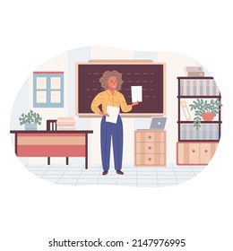 Lecturers teaching in class. Set of school teachers standing at blackboards in classroom. Professors at chalkboards. Colored flat vector illustration. Young woman in teaching lessons, math, chemistry