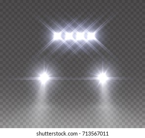 Led Bar Offroad Effect Front View. Realistic White Glow Rally Car Headlights Isolated On Transparent Background. Vector Bright Car Light Beams For Race Design.