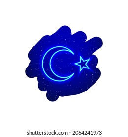 LED blue glow neon Turkish flag icon type. Realistic neon star and moon. Turkish flag night show among the stars. Isolated On White Background.