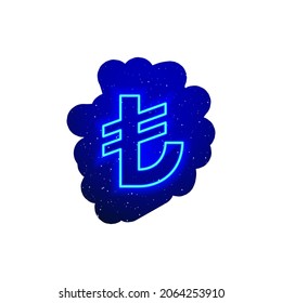 LED blue glow neon Turkish lira icon type. Realistic neon Turkish money. Turkish lira symbol night show among the stars. Isolated On White Background.