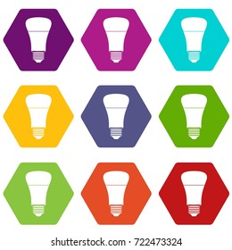 Led bulb icon set many color hexahedron isolated on white vector illustration