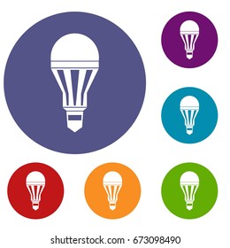 Led bulb icons set in flat circle reb, blue and green color for web