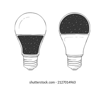 LED bulbs. Light bulbs hand drawn icons. Two light bulb sketch. Vector illustration