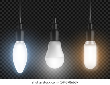 Led bulbs set. Glowing lamps, incandescent modern halogen lightbulbs of different shapes, forms hanging from above, light equipment isolated on transparent background. Realistic 3d vector illustration