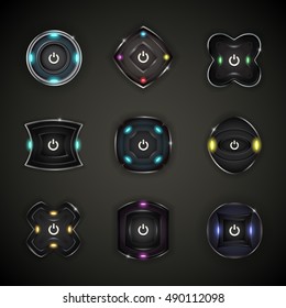 Led Button Icons Set - Isolated On Black Background. Vector Illustration, Graphic Design. For Web, Websites, Print Material, Promotion Template