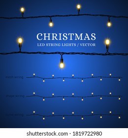 LED Christmas lights. Decorative element for decorating joyful holidays Merry Christmas and Happy New Year. 3 options for ease of use - with realistic mesh, path and curve wires. Vector illustration