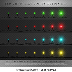 LED Christmas String Lights with different phase of Light. Decoration Elements for Holidays Design. Block structure, easy editing, animation. Instruction at bottom of pic.. Realistic Vector Design Kit