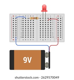 LED circuit on breadboard with 9V battery. Flat style vector illustration for educational purposes, hobbyist experimentation, or illustrating beginner-level electronics concepts