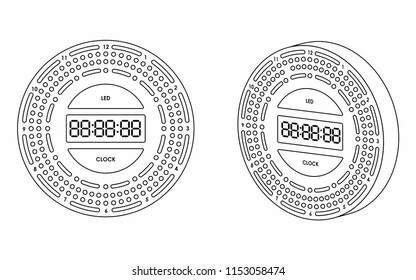 Led clock black and white. Outline only.