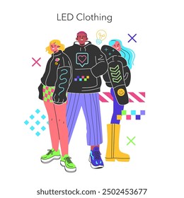 LED Clothing concept. Trendy group wearing light-up apparel integrates technology with fashion. Future style, wearable tech, and youth culture. Vector illustration.