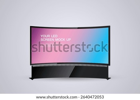 A LED Curved TV wide screen for Digital Signage Stand Mockup, The mock-up highlights a sample LED screen designed for business and advertising used for commercial