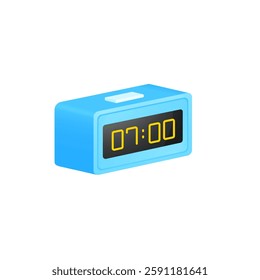 Led digital alarm clock, electronic blue device timer, reminder symbol icon with black screen and green numbers. Vector illustration in flat cartoon style with outline isolated on white background.
