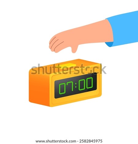 Led digital alarm clock, electronic device timer, reminder  icon with black screen and green numbers. Vector illustration in flat cartoon style with outline isolated. hand turns off the alarm clock