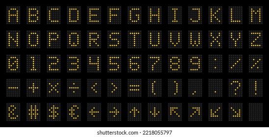 LED Digital Alphabet for Electronic Digital Display, Signages, Information Panels, Sports, Games, Data Boards, Schedules. Dot font with yellow letters, numbers, signs and symbols. Vector illustration svg