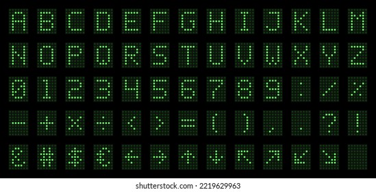 LED Digital Alphabet for Electronic Digital Display, Signages, Information Panels, Sports, Games, Data Boards, Schedules. Dot font with green letters, numbers, signs and symbols. Vector illustration