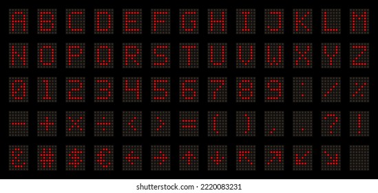 LED Digital Alphabet for Electronic Digital Display, Signages, Information Panels, Sports, Games, Data Boards, Schedules. Dot font with red letters, numbers, signs and symbols. Vector illustration