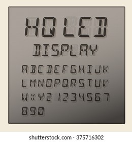 LED Digital Alphabet And Numbers Display On Grey Background, Vector Illustration.